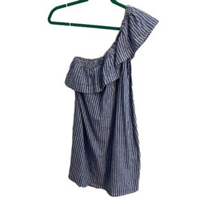 Madewell Womens M Blue White Striped One Shoulder Dress Pockets Linen Cotton